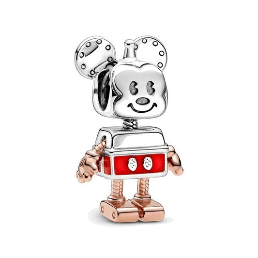 Sterling silver and rose gold Mickey Mouse robot charm with red enamel accents.