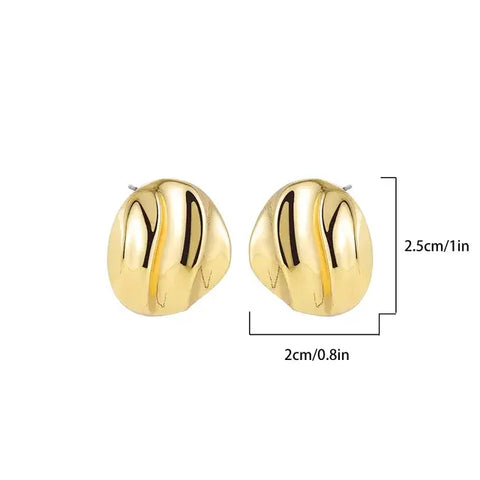 Gold Textured Stud Earrings Bold Style - Gold textured stud earrings with size measurements on a white background.