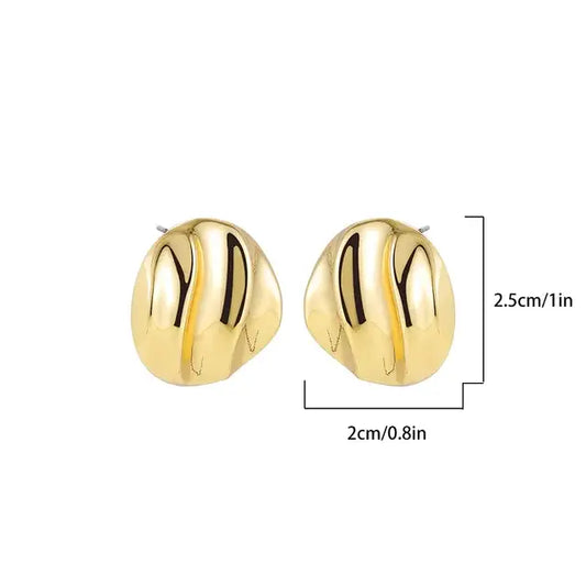 Gold textured stud earrings with size measurements on a white background.