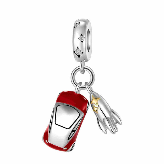 Adventurous Red Car and Rocket Charm with Crystals in Sterling Silver - Sterling silver charm with a red car and rocket, featuring crystal and enamel accents.