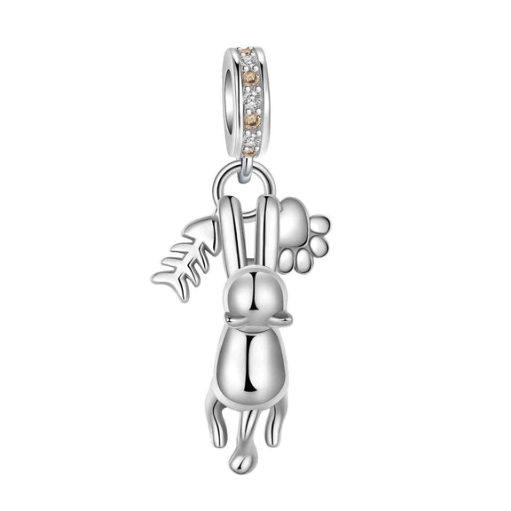 Playful Bunny Charm with Fish and Dog Paw in Sterling Silver - Sterling silver charm featuring a playful bunny with a fish and dog paw, adorned with crystals.