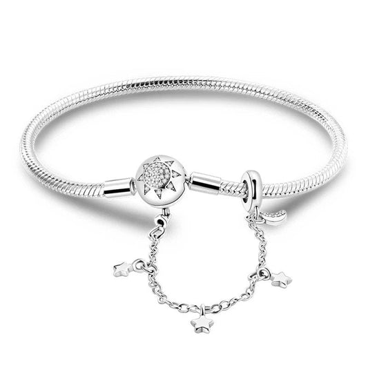 Radiant sun sterling silver snake chain charm bracelet with sun and star charms