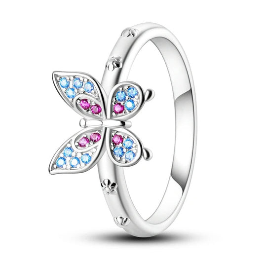 Sterling Silver Blue and Purple Diamond Butterfly Ring with engraved flowers