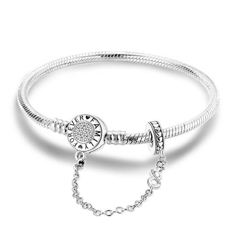 Forever Family Sterling Silver Snake Chain Charm Bracelet - Forever family sterling silver snake chain charm bracelet with engraved clasp