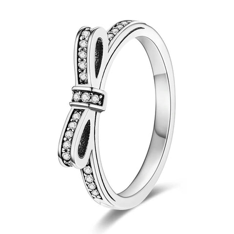 Sterling Silver Bow Ring -Diamond Band - Sterling Silver Bow Ring -Diamond Band