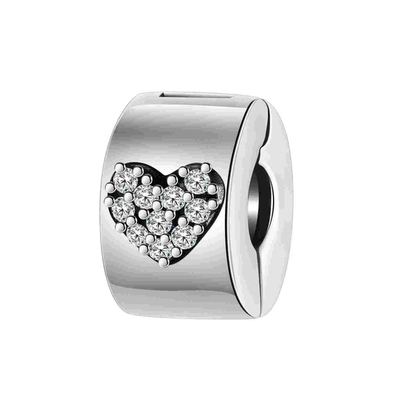 Sterling Silver Heart Clip Charm with Cubic Zirconia - Sterling silver heart clip charm with cubic zirconia stones.