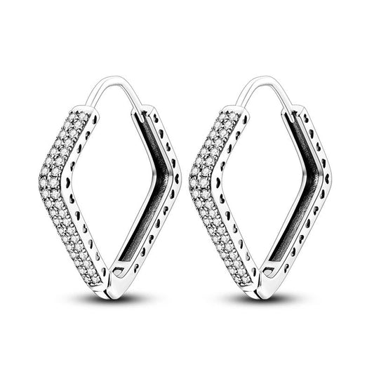 Pair of geometric diamond-shaped hoop earbands encrusted with sparkling accents.
