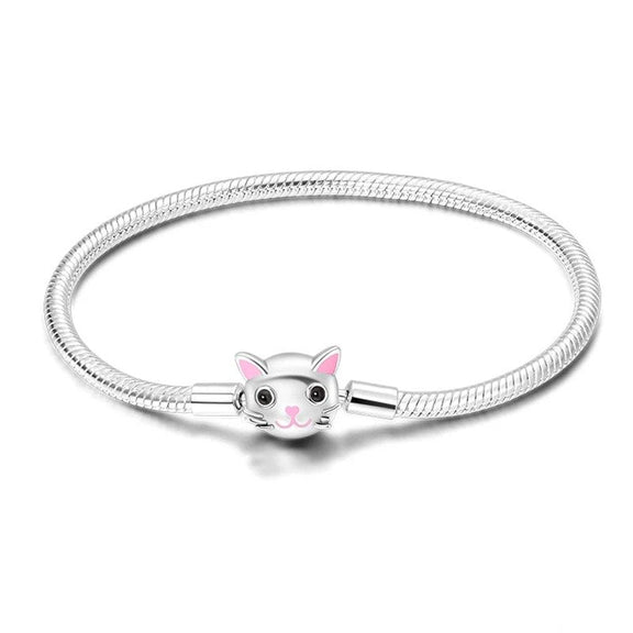 Cute Cat Face Sterling Silver Snake Chain Charm Bracelet - Cute cat face sterling silver snake chain charm bracelet with pink accents