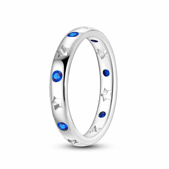 Silver Ring with Blue round zircon and engraved stars - Silver Ring with Blue round zircon and engraved stars