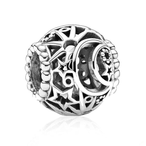 Sterling Silver Moon and Stars Charm ball - Sterling silver charm with crescent moon and star design in openwork.