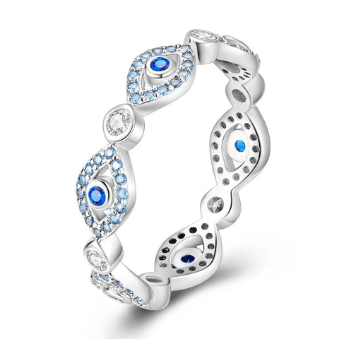 Sterling Silver Evil Eye Band with Blue CZ Accents