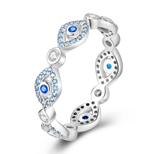 Sterling Silver Evil Eye Band with Blue CZ Accents