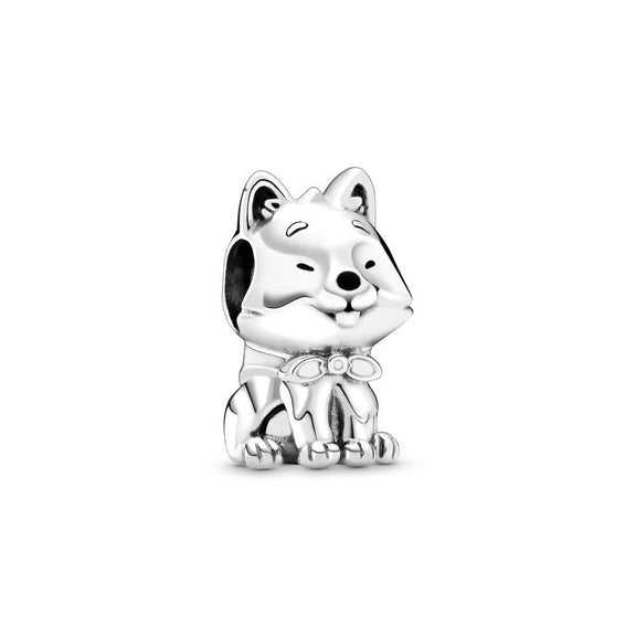 Sterling Silver Smiling Shiba Inu Charm - Sterling silver charm featuring a smiling Shiba Inu dog with a bow tie.