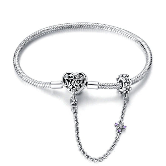 Cherished Sister Heart Charm Bracelet with sister heart charm.