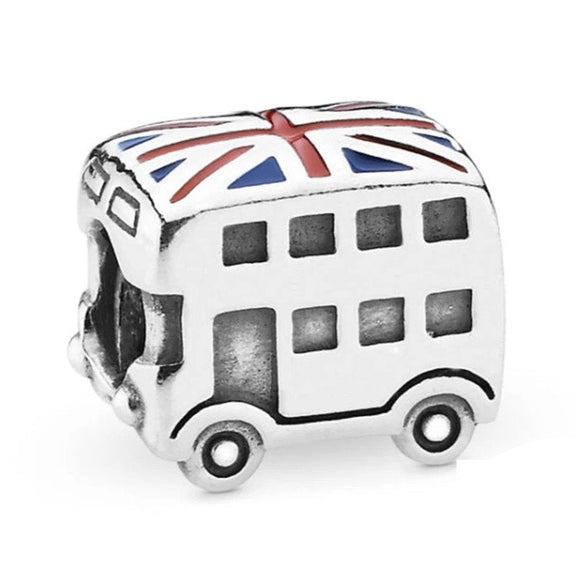 London Bus Charm - Sterling silver charm featuring a miniature double-decker bus with Union Jack flag enamel.