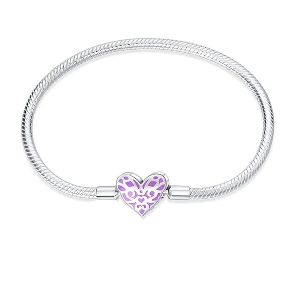 Lavender Heart Sterling Silver Snake Chain Charm Bracelet - Lavender heart charm sterling silver snake chain bracelet with enamel patterns