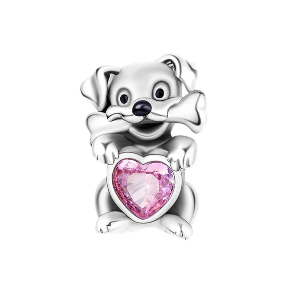 Puppy Love Charm with Pink Heart Crystal in Sterling Silver - Sterling silver puppy charm holding a bone and pink heart crystal.