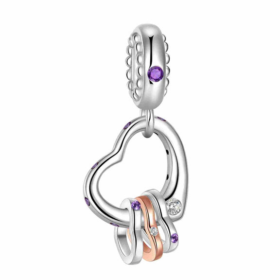 Sterling Silver and Purple Heart Charm with Interlocking Rings - Sterling silver heart charm with interlocking rings and purple cubic zirconia accents.