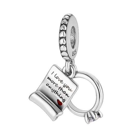 Romantic Love Letter and Ring Charm in Sterling Silver - Sterling silver love letter charm with "I love you more than anything" engraving, red heart,.