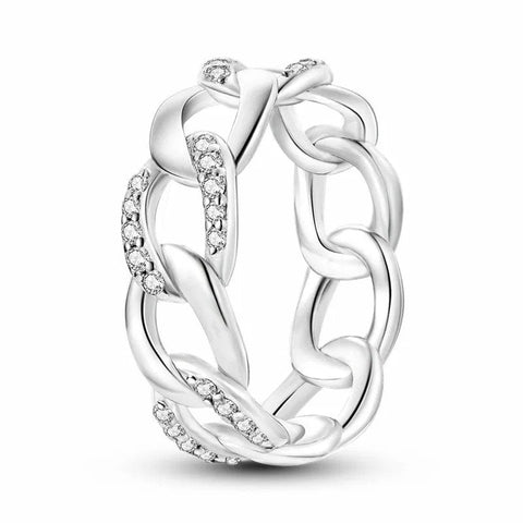 Sterling Silver Chain Link Ring with CZ Accents