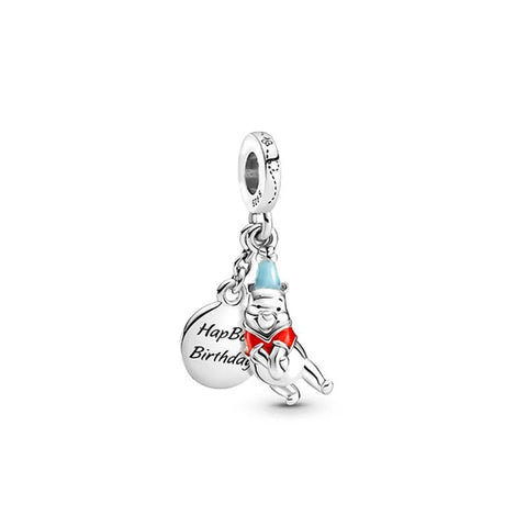 Winnie the Pooh Birthday Charm for Pandora Bracelets - Sterling silver Winnie the Pooh birthday charm with vibrant enamel and "Happy Birthday" tag, fits Pandora bracelets
