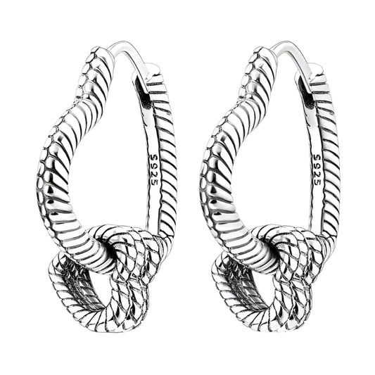 Sterling silver geometric rope hoop earrings with unique design.