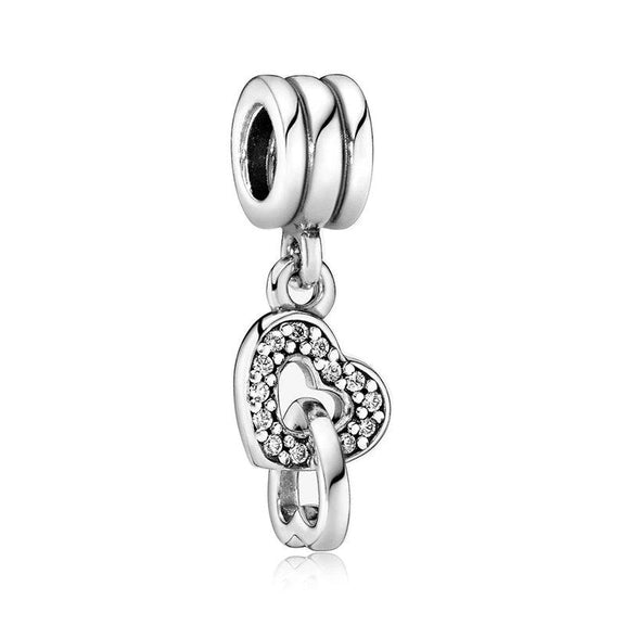 Sterling Silver Interlocking Heart Charm with Cubic Zirconia - Sterling silver charm featuband two interlocking hearts adorned with sparkling cubic zirconia.