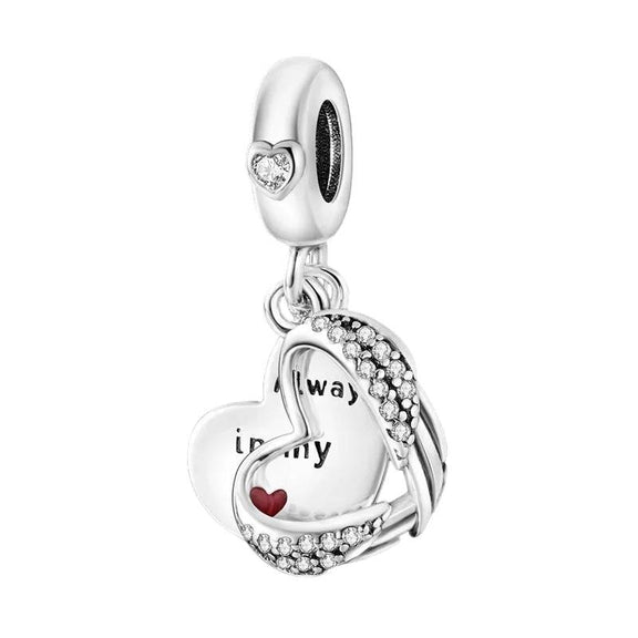 Sterling Silver Heart Charm with Crystal and Engraving - Sterling silver heart charm with crystal accents and an engraved message.