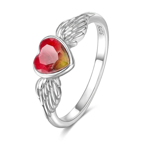 Sterling Silver Pink Heart Ring Angel Wings - Sterling Silver Pink Heart Ring with Angel Wings