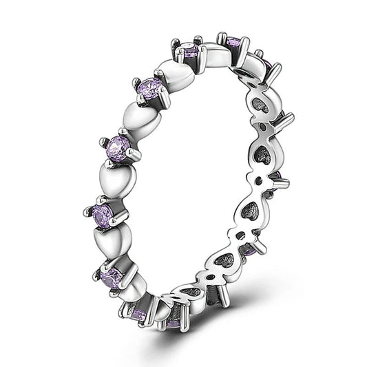 Sterling Silver Heart Eternity Ring with Purple Gemstones