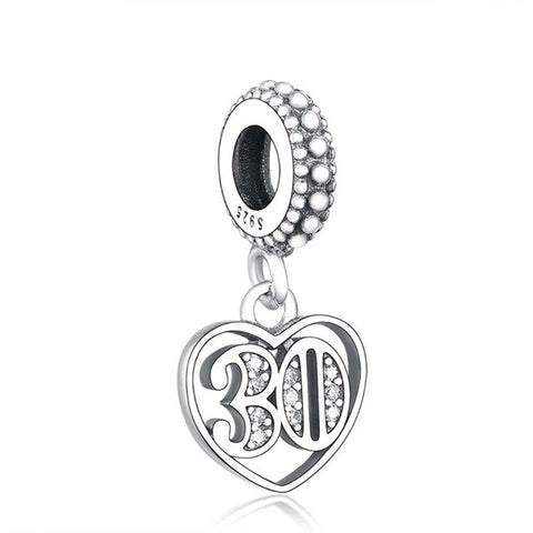 th Birthday Heart Charm - Sterling silver heart charm with the number "" and sparkling crystals.