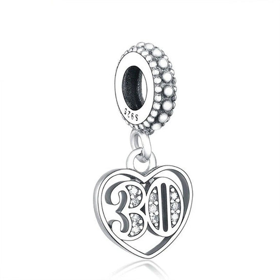 30th Birthday Heart Charm - Sterling silver heart charm with the number "30" and sparkling crystals.