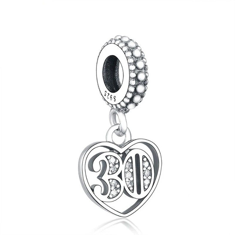 Sterling silver heart charm with the number "30" and sparkling crystals.