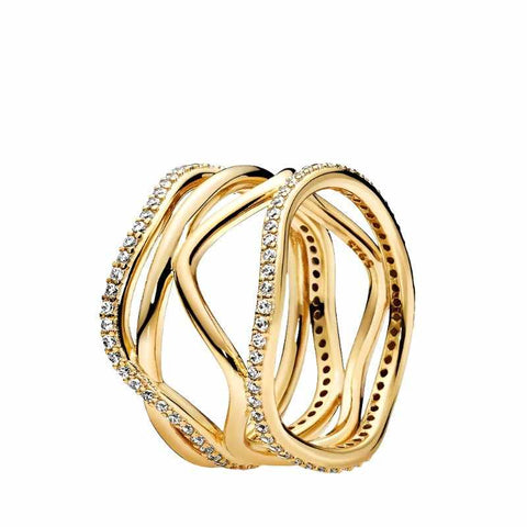 Gold Plated Multi-Band Swirling Lines Ring with Clear Zirconia