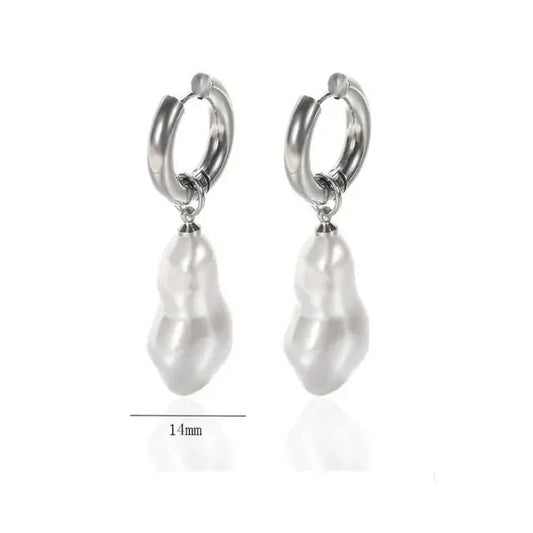 Long silver hoop earbands with baroque pearl drop measuband mm in height and mm in width.
