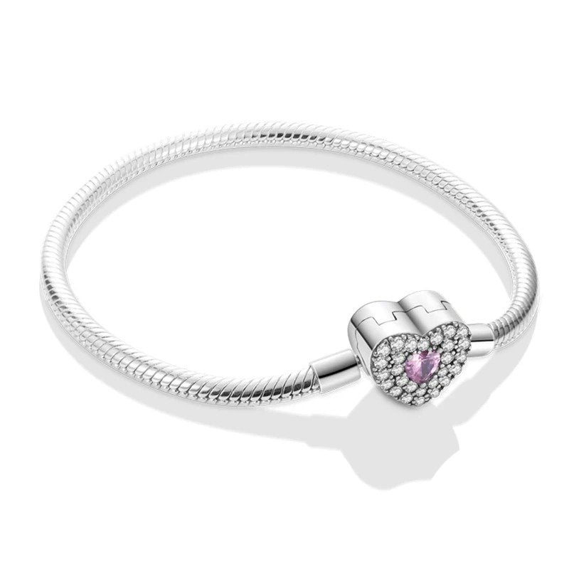 Heart lock charm sterling silver snake chain bracelet with pink gemstone and crystals