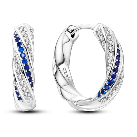 Sophisticated Sterling Silver Twisted Blue Diamond Hoop Earrings - Sterling silver twisted hoop earrings with blue diamonds.