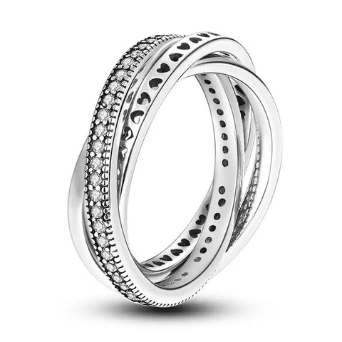 Silver Hearts Zircon Band Ring - Silver Hearts and Zircon Band Ring