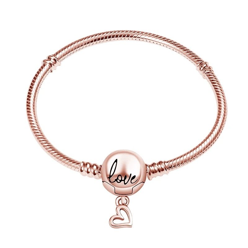 Romantic Rose Gold Love Charm Bracelet with engraved "love" and dangling heart.