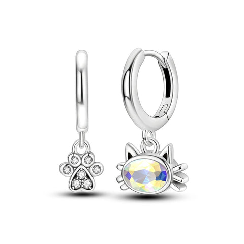 Adorable Sterling Silver Cat Charm Huggie Earrings - Sterling silver huggie earrings with cat face charm and sparkling eyes.