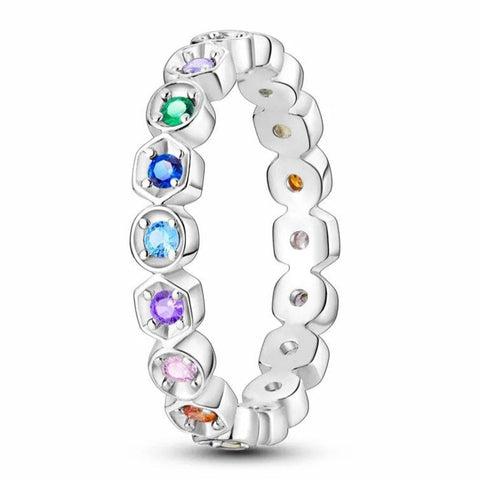 Silver Multi-Colored Stone Rings Rainbow Shades - Silver Multi-Colored Stone Rings in Rainbow Shades