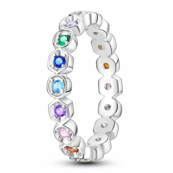 Silver Multi-Colored Stone Rings in Rainbow Shades - Silver Multi-Colored Stone Rings in Rainbow Shades