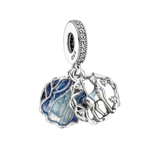 Sterling silver Bambi charm with forest scene and blue enamel, fits Pandora bracelets