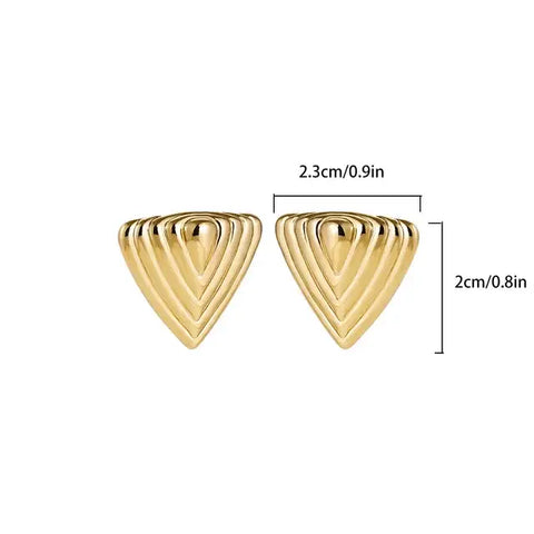 Gold triangle stud earrings measuring .cm in height and cm in width, displayed with dimensions.