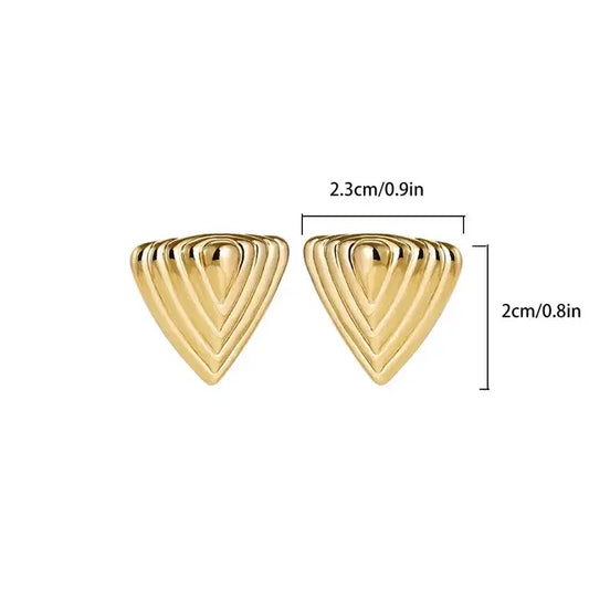 Gold triangle stud earrings measuring .cm in height and cm in width, displayed with dimensions.