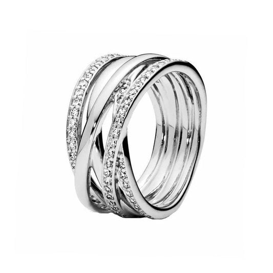 Multi-Band Sterling Silver Crossover Ring with CZ Accents