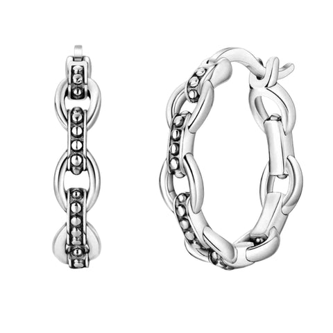 Modern Sterling Silver Chain Link Hoop Earrings - Sterling silver chain link hoop earrings with sparkling stones.
