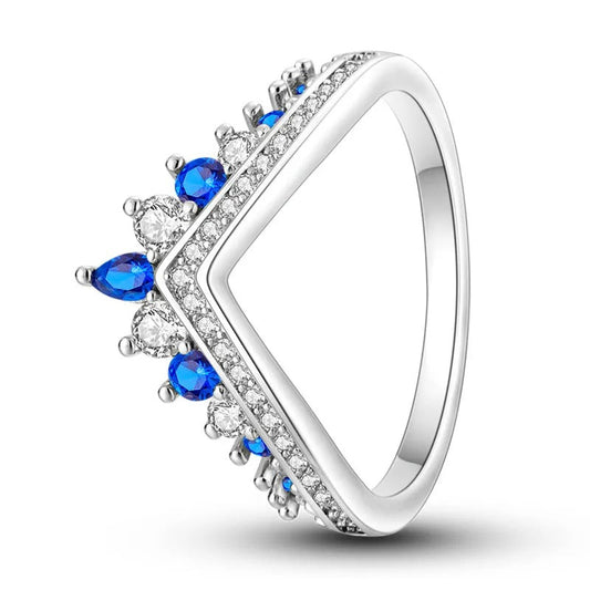 Blue Crystal V-Shaped Sterling Silver Ring