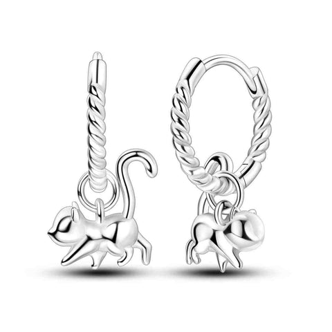 Adorable Sterling Silver Playful Cat Charm Hoop Earrings - Sterling silver hoop earrings with dangling cat charm.