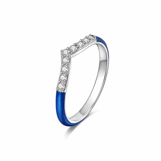 Sterling Silver V-Shaped Ring with Blue Enamel and CZ